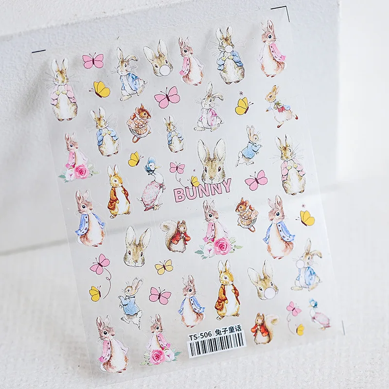 1 Sheet 5D Realistic Lovely Cartoon Bunny Rabbit Fairy Tale Butterfly Bear Adhesive Nail Art Stickers Decals Manicure Charms