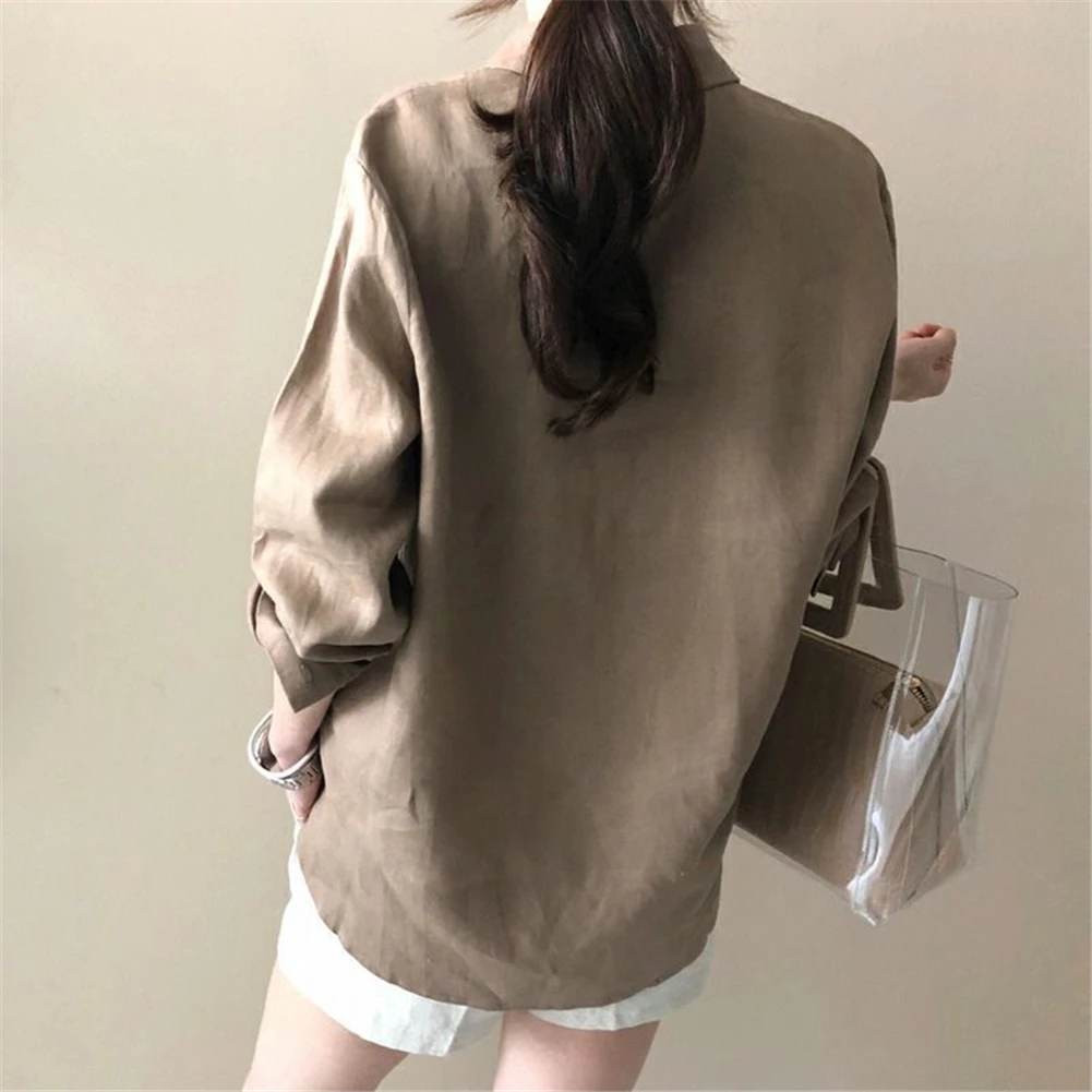 Women Shirt Cotton And Linen Lapel Long-sleeve Loose Solid Color All-match Shirt