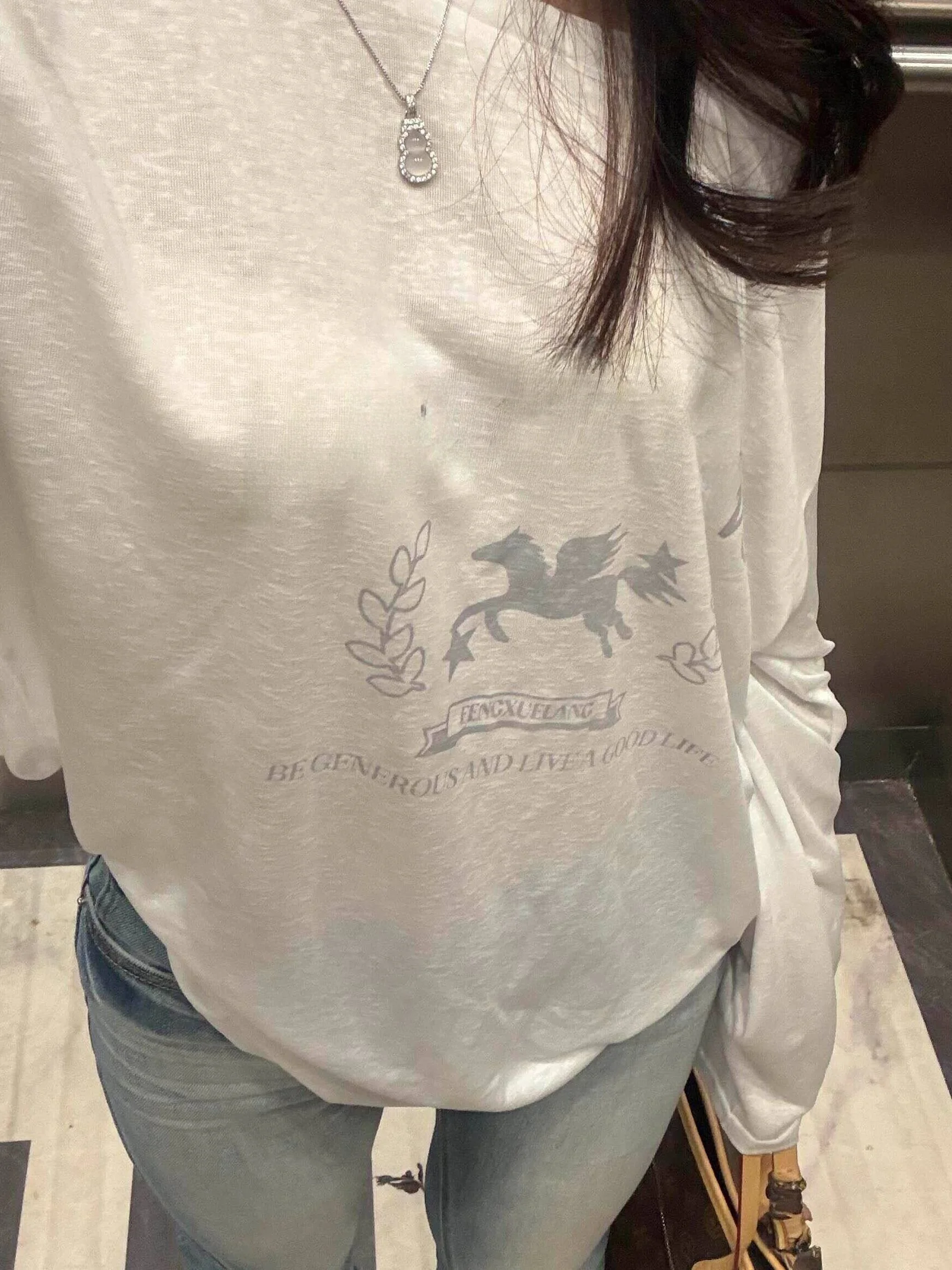 American Lazy Style Long Sleeve T-Shirt Women Summer Loose Casual Versatile One Shoulder Printed Micro Transparent Cover up