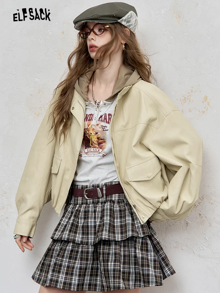 Ele ort PU Leather Jaet Women's Casual Workwear Fairy's ket ature Sensation High-End Feel Teenage Faion