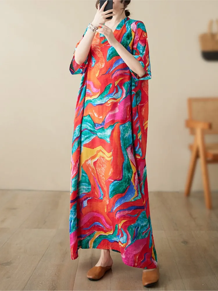 Robe longue plissée à imprimé graffiti pour femmes, robes à col en V, manches courtes, décontracté, été