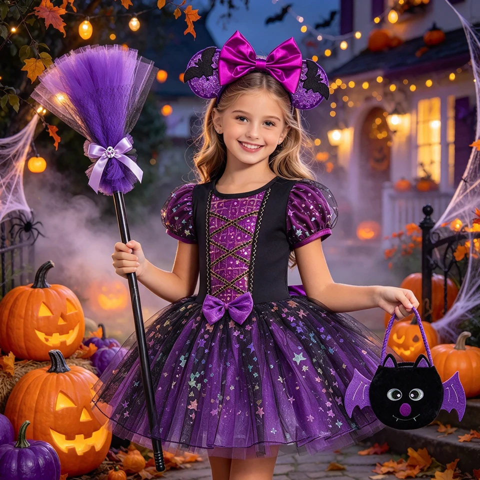 Disguised Child Shiny Sequin Fluffy Tutu Dress for Girls Halloween Cosplay Witch Role Play Performance Carnival Children Costume