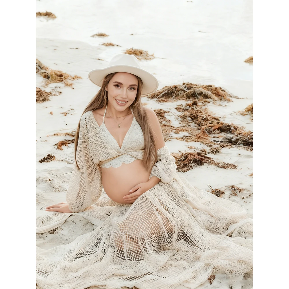 Abito fotografico di maternità Boho Abito da gravidanza maxi in maglia all'uncinetto in due pezzi Abito da spiaggia fluido per baby shower Abbigliamento per riprese di maternità