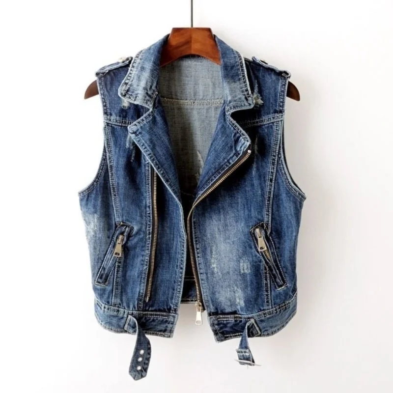Spring Autumn Sleeveless Wild Tops Short Jacket Girls Ripped  Vest Gray Jean Cowboy Waistcoat Hole Denim Women Vest Female