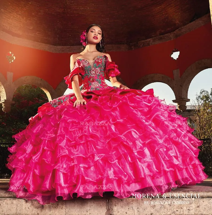 Vestido de quinceañera de princesa mexicana mágica fucsia, hombros descubiertos, falda con volantes, bordado Floral 3D, con cordones, 15 años