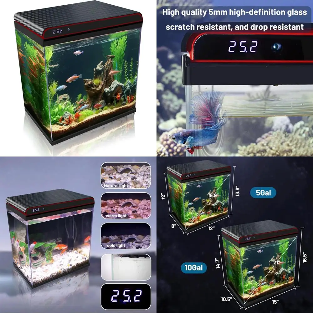 

10 Gallon Self-Cleaning Glass Fish Tank with LED Lighting, Quiet Pump, Filter, and Smart Temperature Control