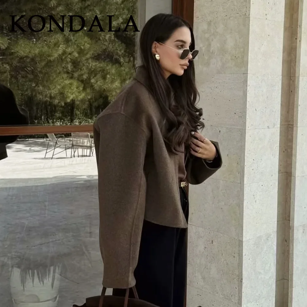 KONDALA 2026 Spring Women Casual Solid Jackets Fashion Streetwear Zipper Turn Down Collar Chic Ladies Jackets