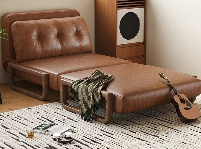 sofa bed folding dual-purpose, small apartment living room study, single folding, retro oil wax skin