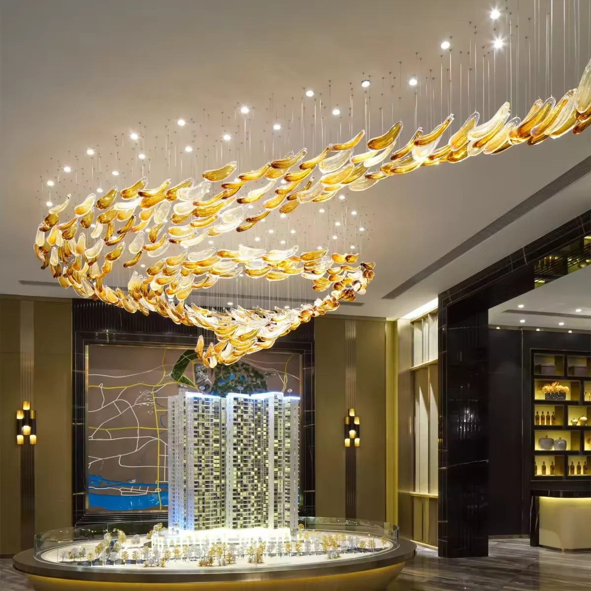 

Modern Luxury Ceiling Hanging Lamps Golden Twisted Glass Leaf Chandeliers Lobby Living Room Villa Lighting Fixtures Modern
