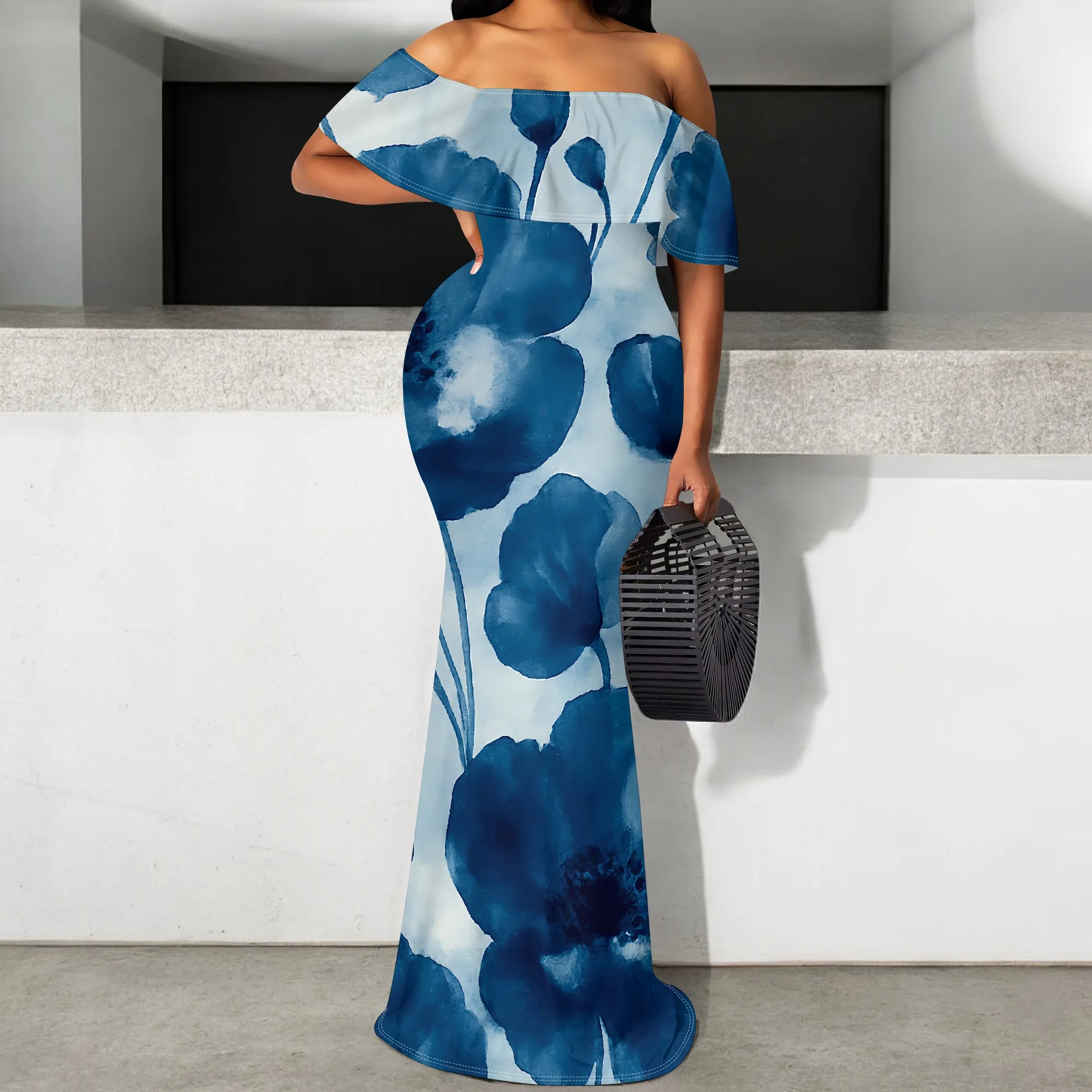 

S-3XL Off Shoulder Watercolor Floral Maxi Dress Women's Elegant Blue Print Summer Gown