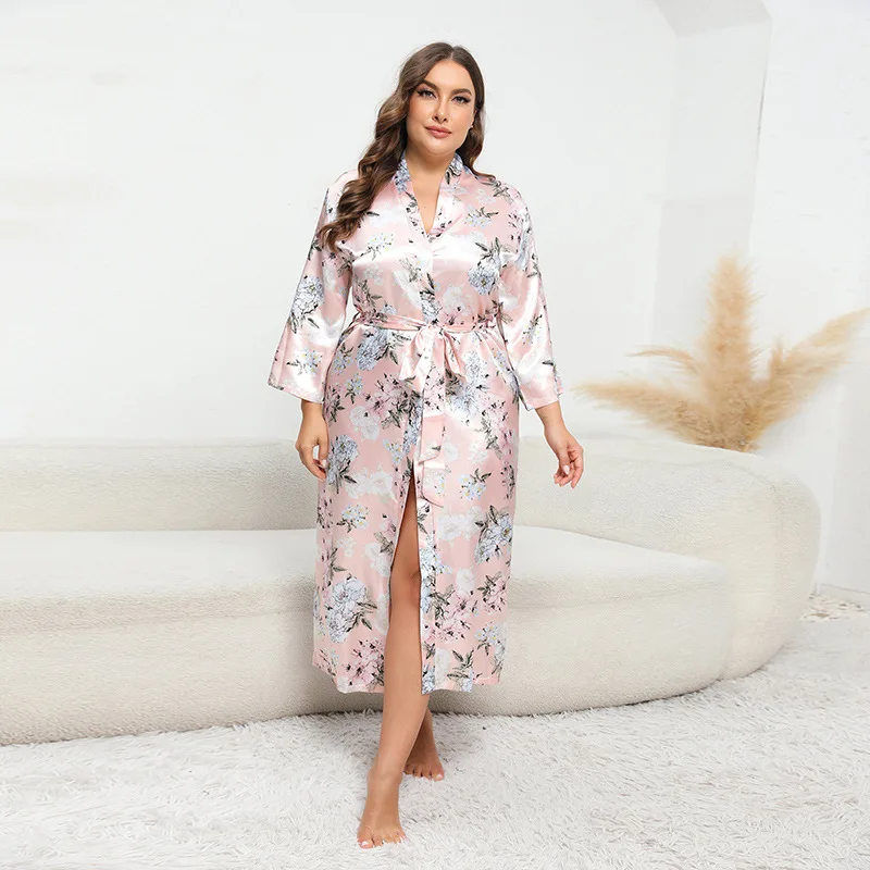 

Large size simulated silk pajamas women's pajamas loose women's long-sleeved satin bathrobes printed loungewear fashionable simp