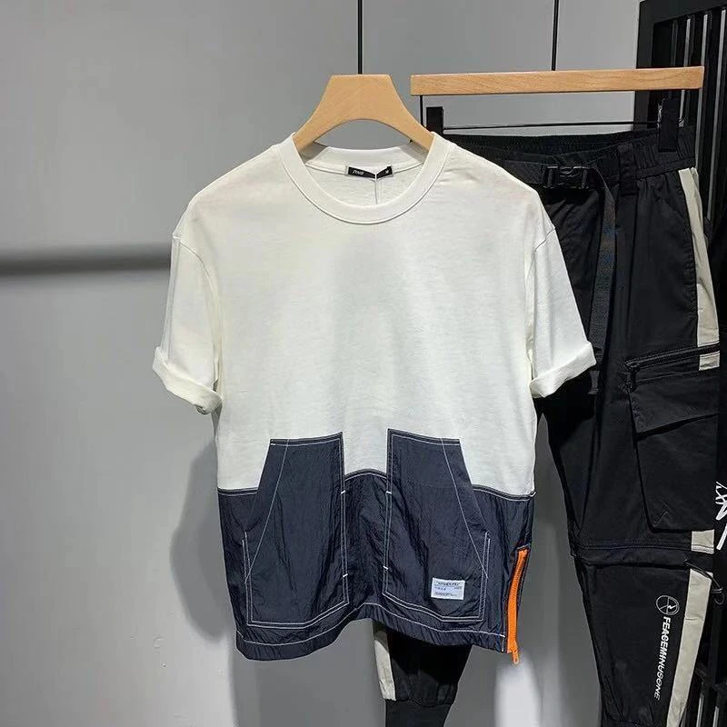 Summer Spliced Hit Color Short Sleeve Men O Neck Sweatshirts Fashion Pocket Casual Harajuku Oversized Tops Clothing Black White