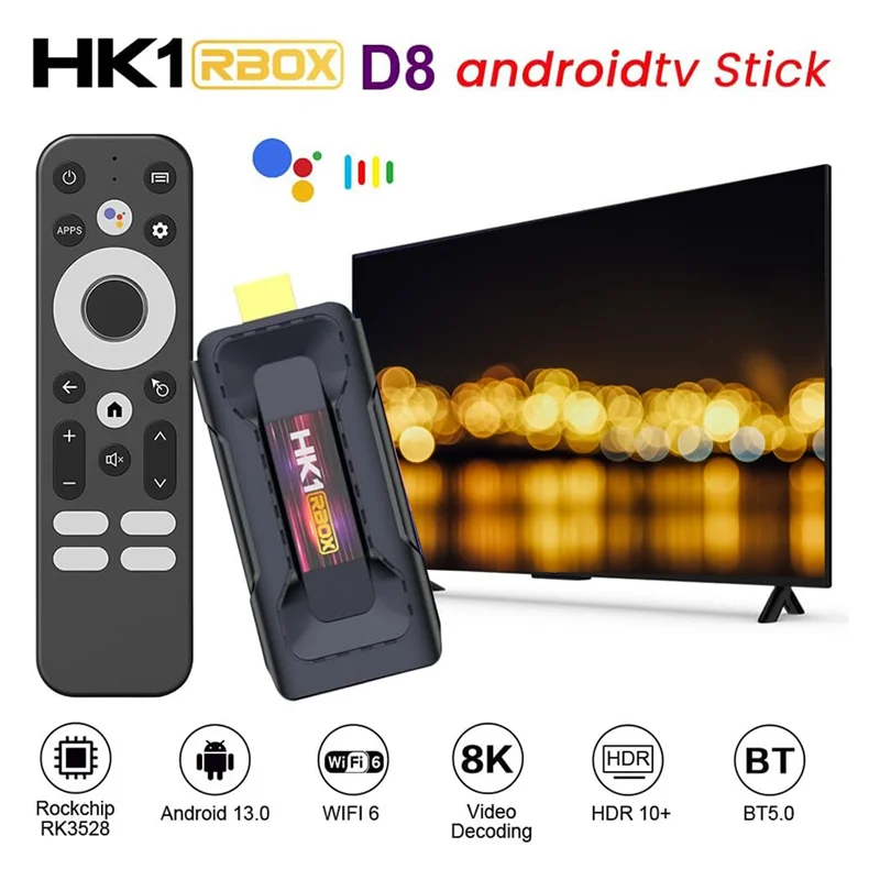 HK1RBOX D8 Android 13.0 TV Stick 2G + 16GB RK3528 Quad-Core ARM Corter TV BOX, Suporte Dual 2.4G/5G Wifi6,BT 5.0, USB 3.0-T44C