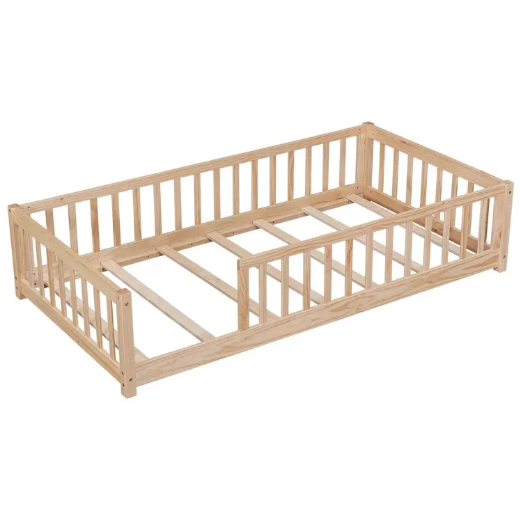 Popular Design Twin Floor Platform Bed with Fence Doorless Design Eco-Friendly Paint Bed Frame Kids Beds Bedroom Furniture