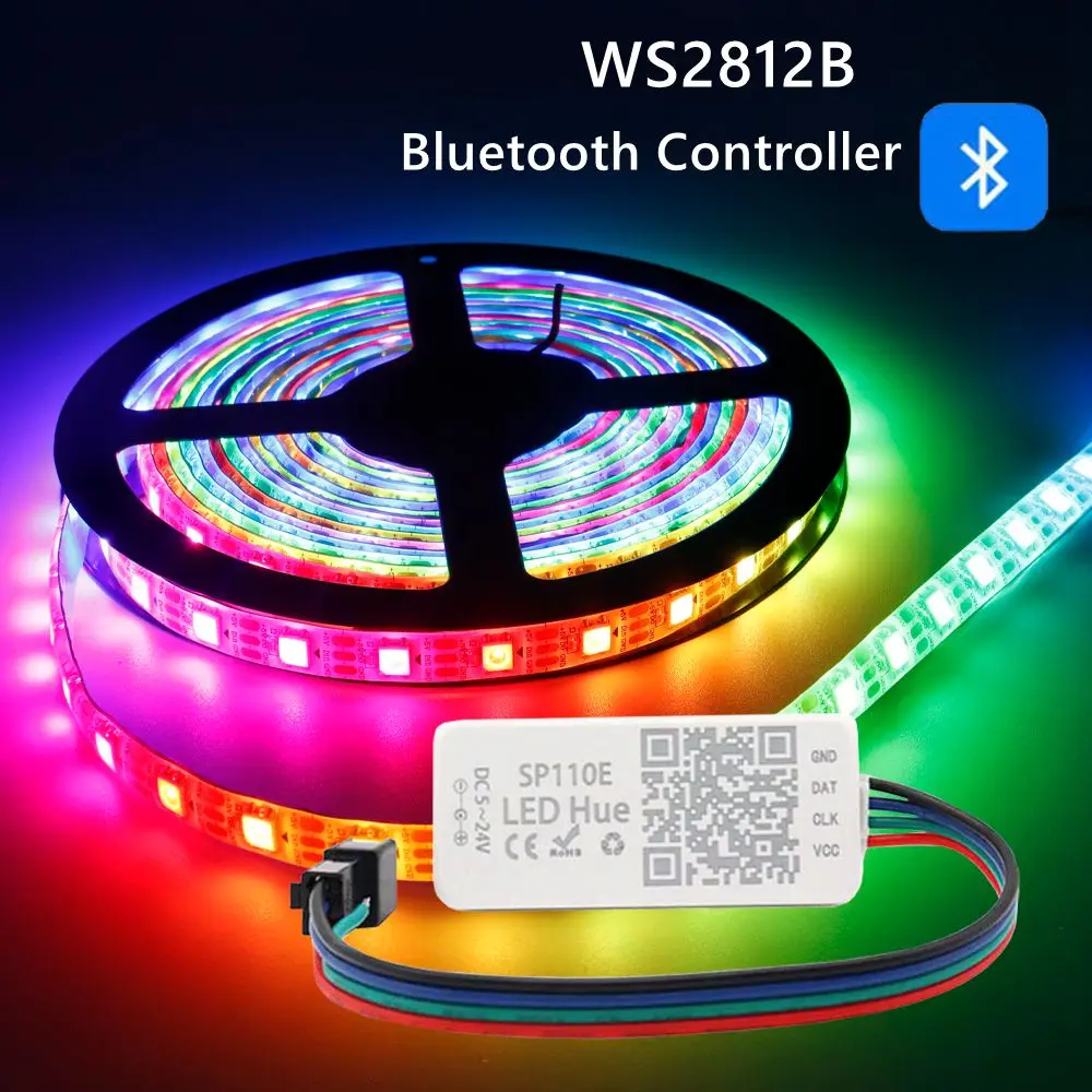 Tira LED RGB inteligente com controlador Bluetooth, endereçável individualmente, WS2812B, SP110E, Kit 30, 60, 144LEDs, m, DC 5V