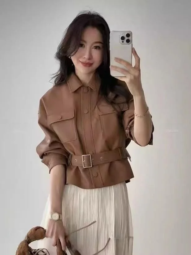 

Весна 2025: Модная женская кожаная куртка в корейском стиле, повседневная, стильная, для города, с длинными рукавами, из овчины