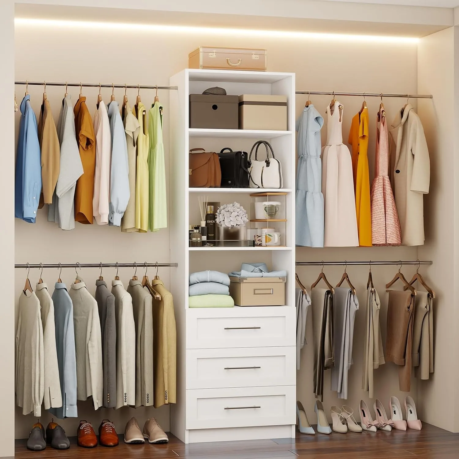 Closet System with Drawers, 5-9FT Closet Organizer System with 4 Expandable Rods & Adjustable Shelves for Walk in Closet, 96” Built in Closet System Tower, Small Closet Storage System, White