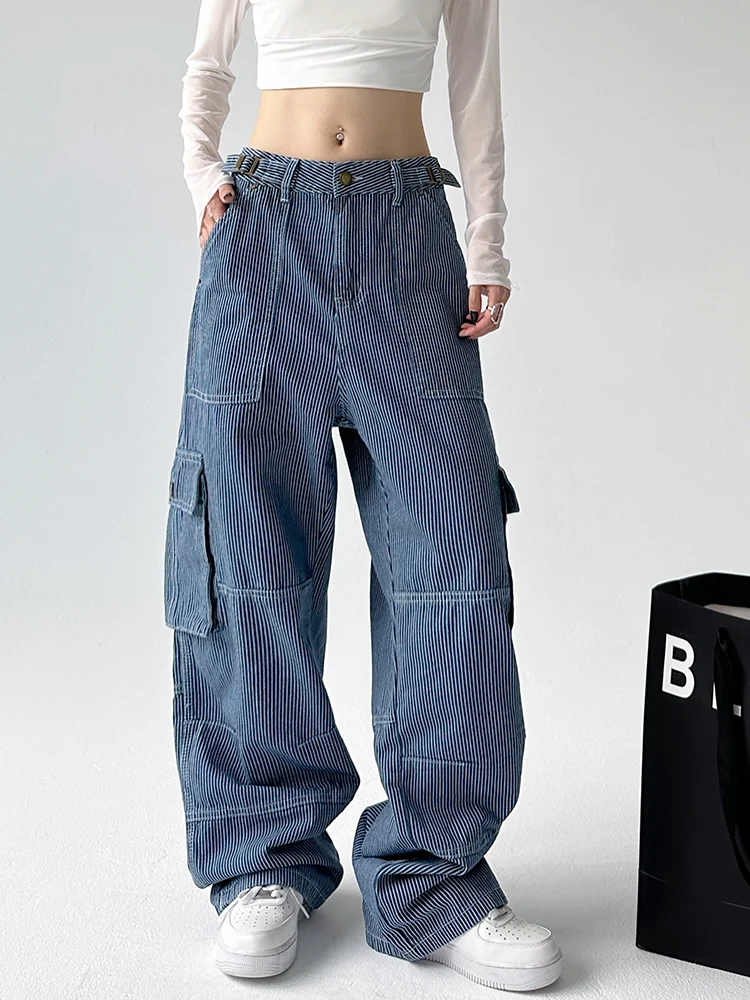 American Sle Workwear Retro rayas pierna recta Denim Jeans mujer otoño nueva calle Multi ket Patchwork pantalones sueltos