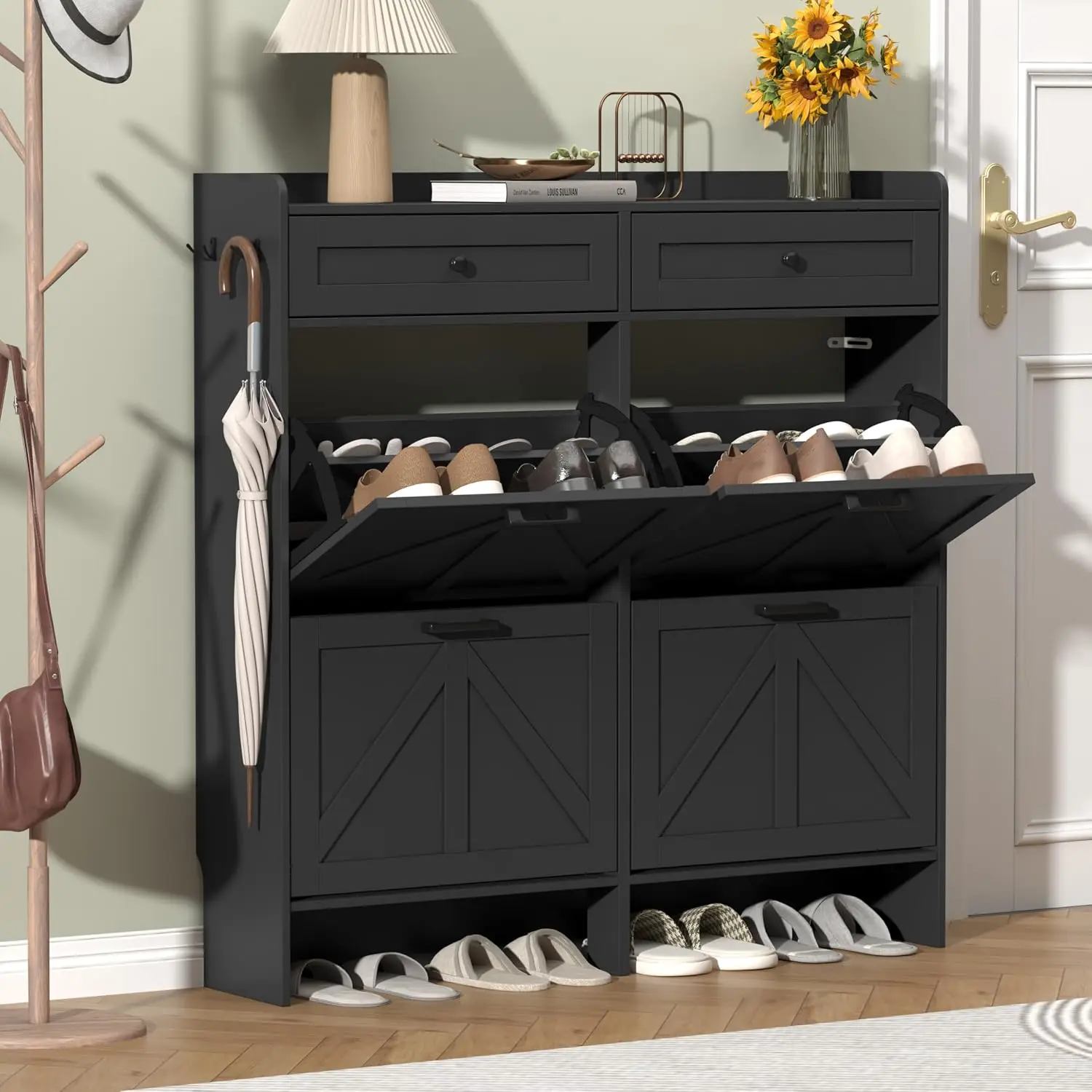 Shoe Cabinet 4 Flip & 2 Storage Drawers Rustic Farmhouse Narrow Slim Organizer Entryway Hallway, Customized