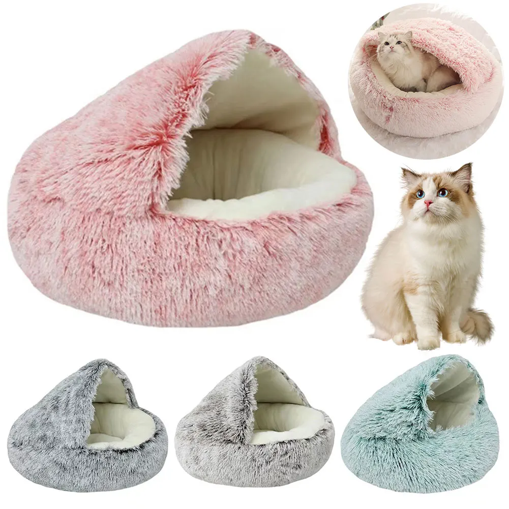 Round Fluffy Calming Dog Bed with Hooded Cover Warm Soft Plush Cozy Cat Cave Bed Pet Bed Cat Nest for Small Medium Pets