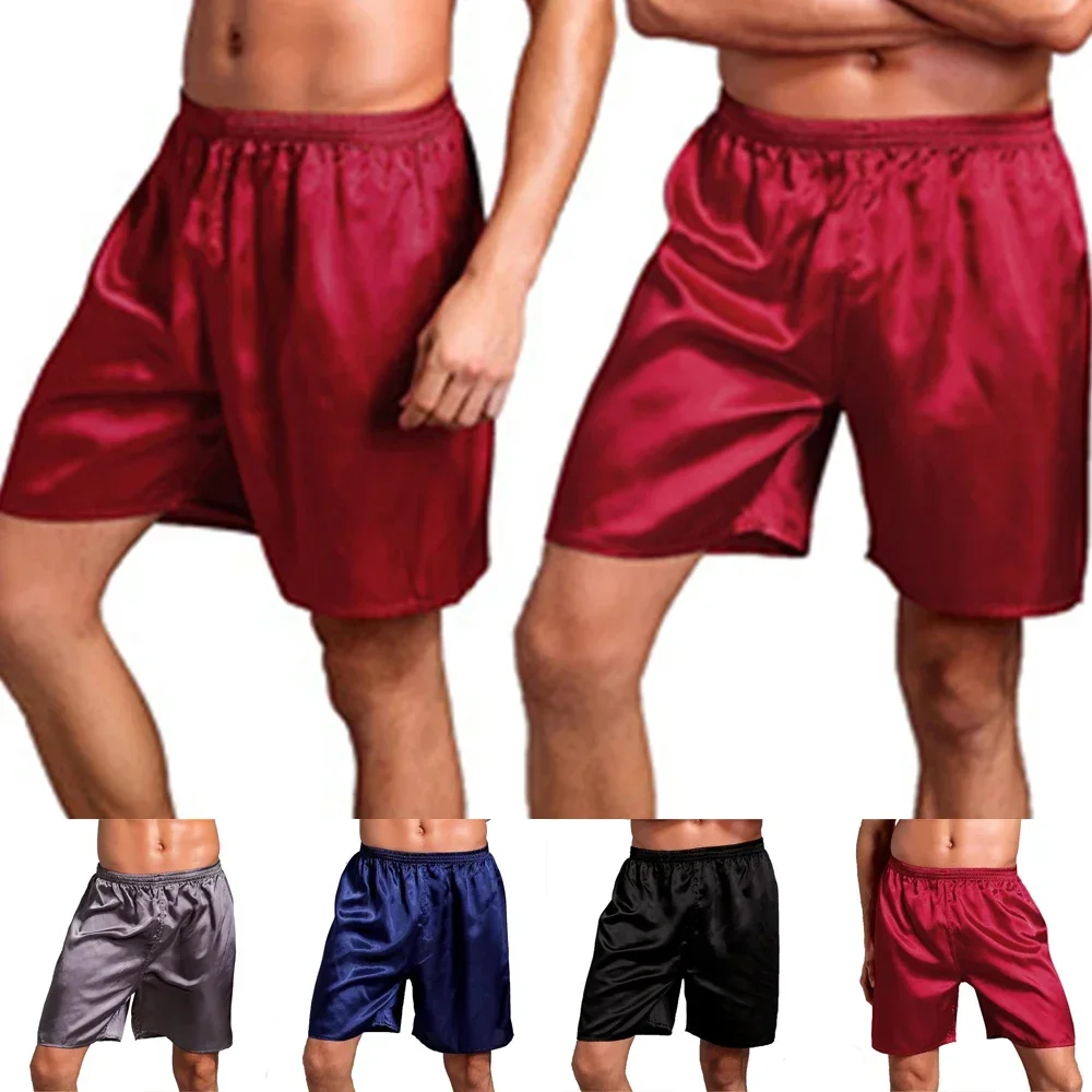 Men casual casa pijamas de cetim de seda shorts pijamas calças de dormir calças de seda simuladas casa boxers de cor sólida