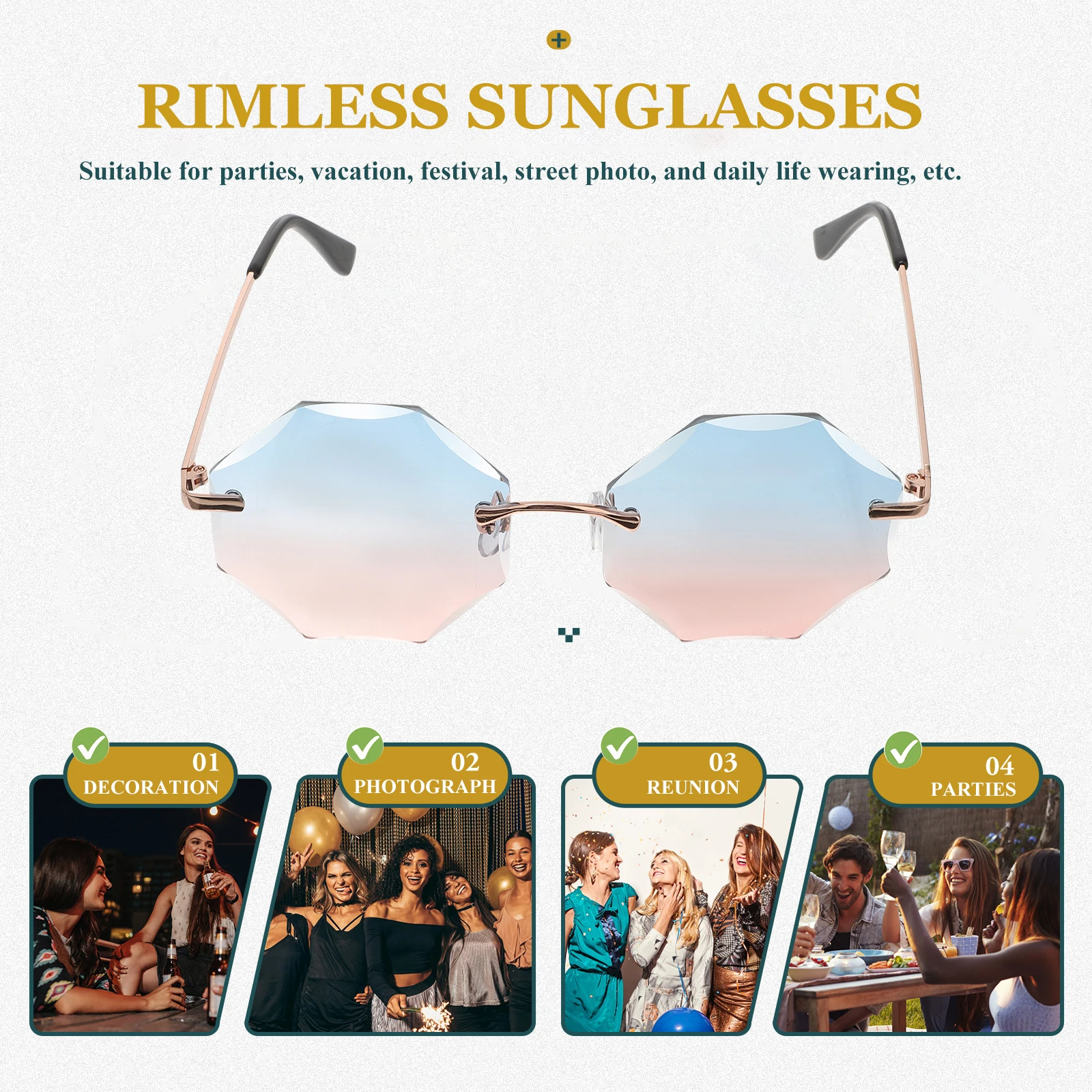 

Rimless Sunglasses PC Lens Sturdy Shatterproof Lightweight Disco Party Eyewear Shades Suitable for All Face Shapes