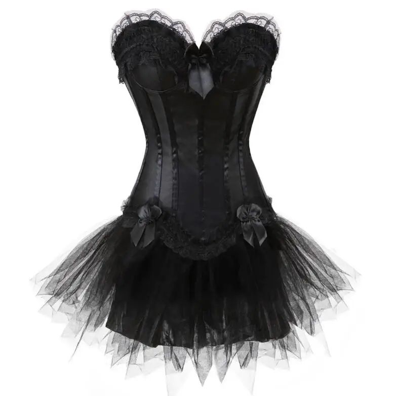 Gothic Sexy Corset Dress Bowknots Boned Bustier Burlesque Waist Trainer Body Shaper Slimming Lace Corset Tops With Mini Skirt