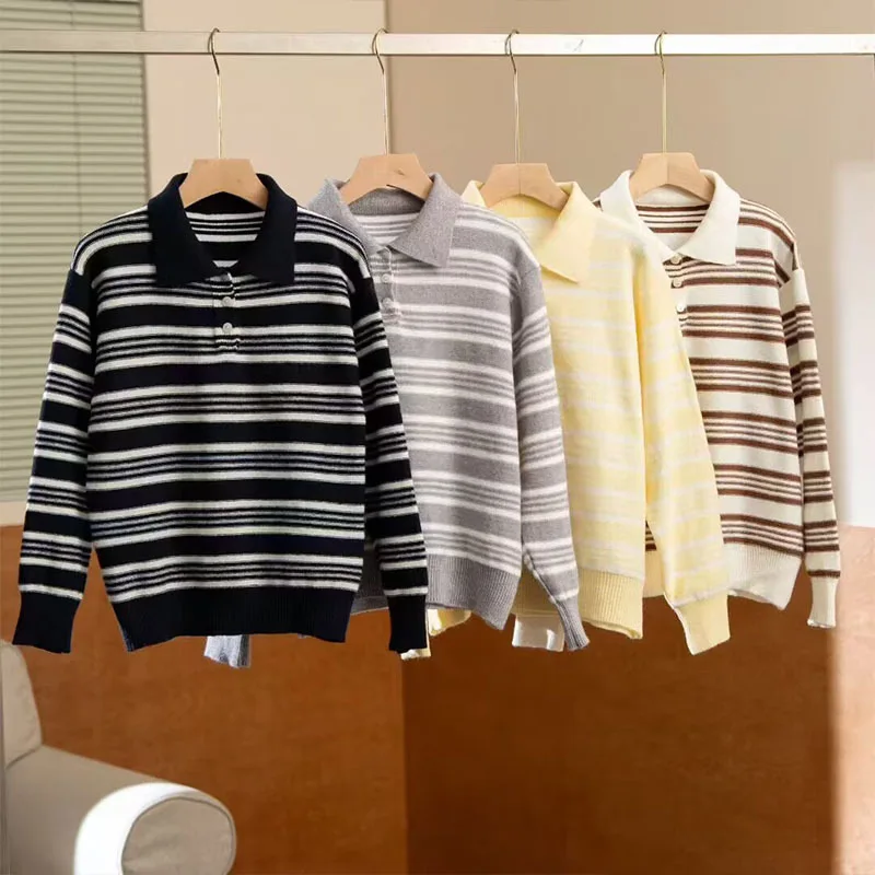 

Knitted Pullovers Sweaters Women Striped Jumpers Button Turn Down Collar Long Sleeves Loose Fit Thick Casual 2025 Autumn Winter