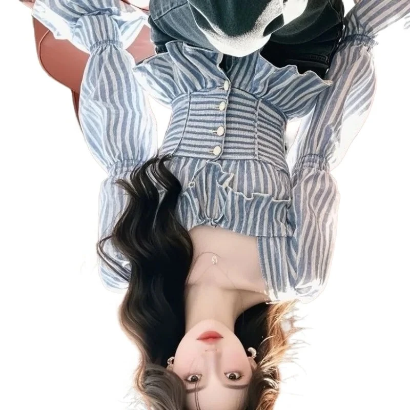 Blue Striped Square Neck Shirt 2026 New Autumn and Winter High-end Temperament Commuting Waist Slim Flared Sleeve Top Spring