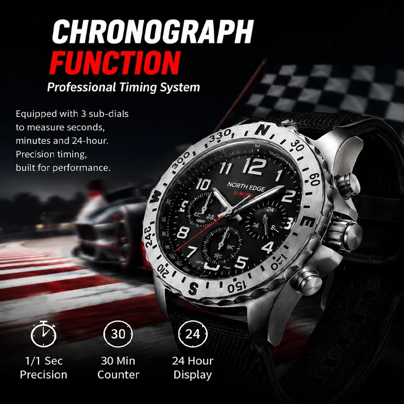 NORTH EDGE MACH 2 Men's Watches Solar Power 316 stainless steel Case Quartz Watch For Men Pilot Waterproof 50M Stopwatch 2026New - view 3