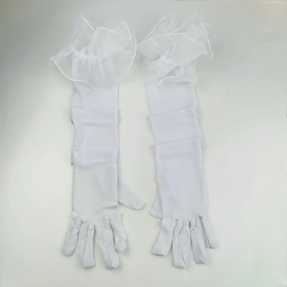 Guanti lunghi elastici da donna Protezione solare Abito da sposa Guanti con maniche in pizzo solido Prospettiva Decorazione di perle Guanti da sposa in rete