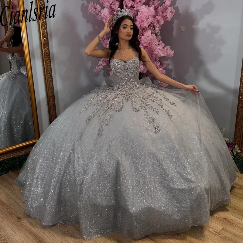 Gray Ball Gown Quinceeera Dresses 15 Years Applique Beaded Formal Princess Birthday Party Gowns Custom