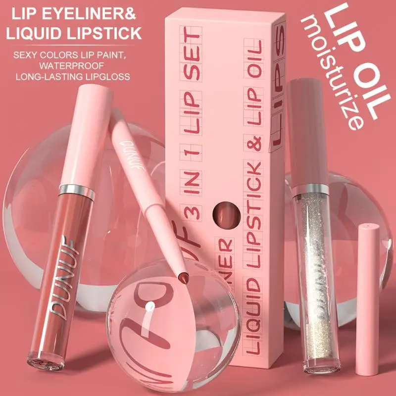Matte Makeup Lip Set 3-in-1 Lip Gloss Glitter Lipliner Pen Waterproof Long-Lasting Universal Shades Perfect Gift Makeup Products