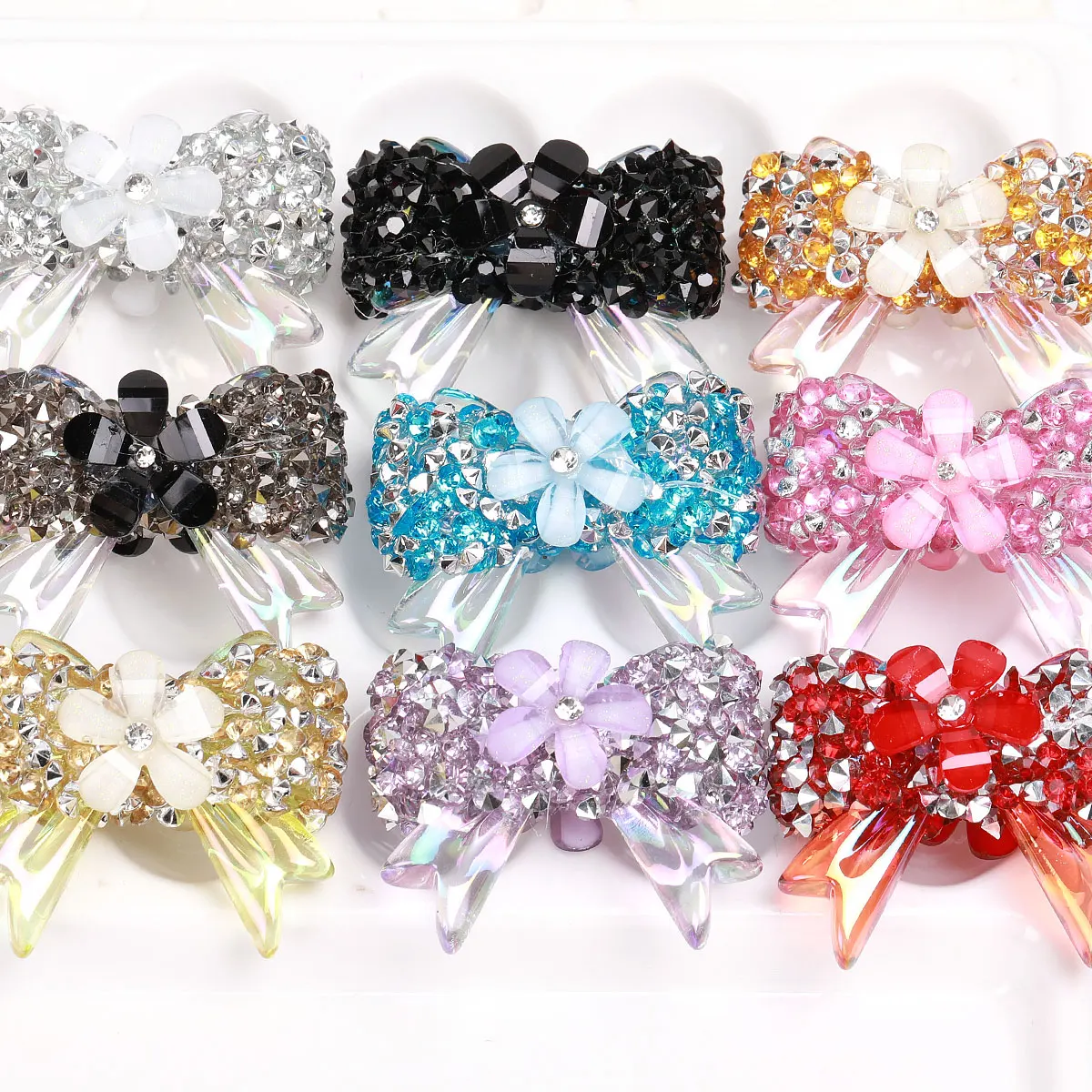 

6pcs 3.8x3.2cm Random Color Mix Colorful Embed Five-petaled Flower Rhineston Bow Shape Acrylic Beads Creative Pen For Jewelry