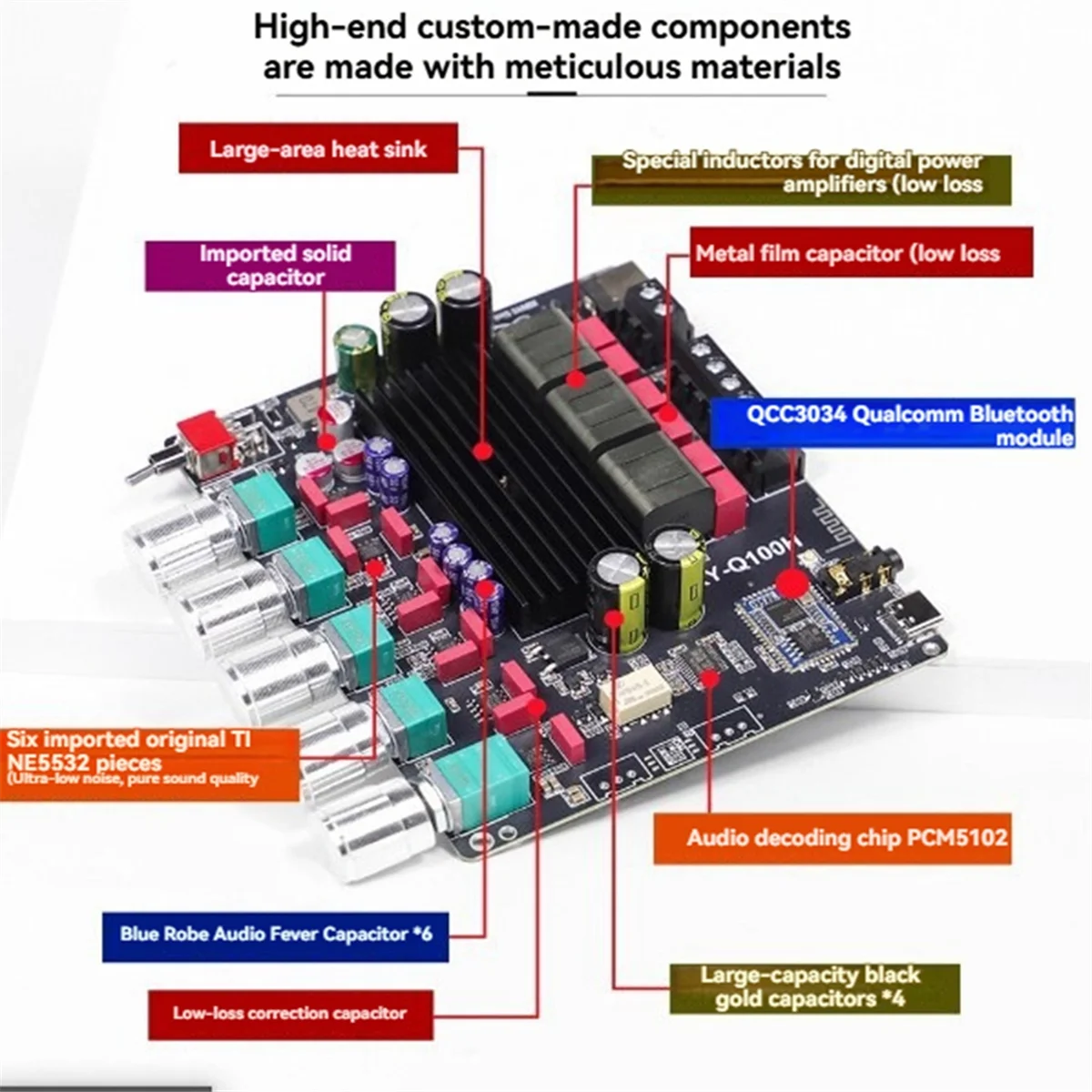 A83Z XY-Q100H لوحة مكبر كهربائي رقمي 2.1 قناة 50Wx2 + 100W مضخم صوت وحدة مضخم صوت بلوتوث مع سلك محمي #2
