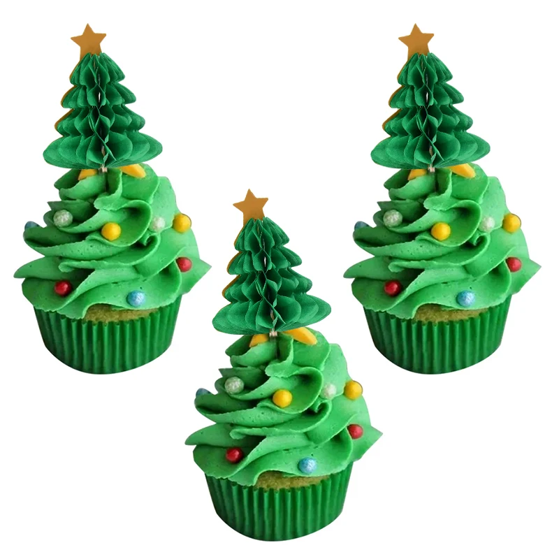 10Pcs Christmas Tree Cupcake Topper Honeycomb Paper Straw 2024 Christmas Party Cake Decoration 2025 New Year Food Fruit Picks