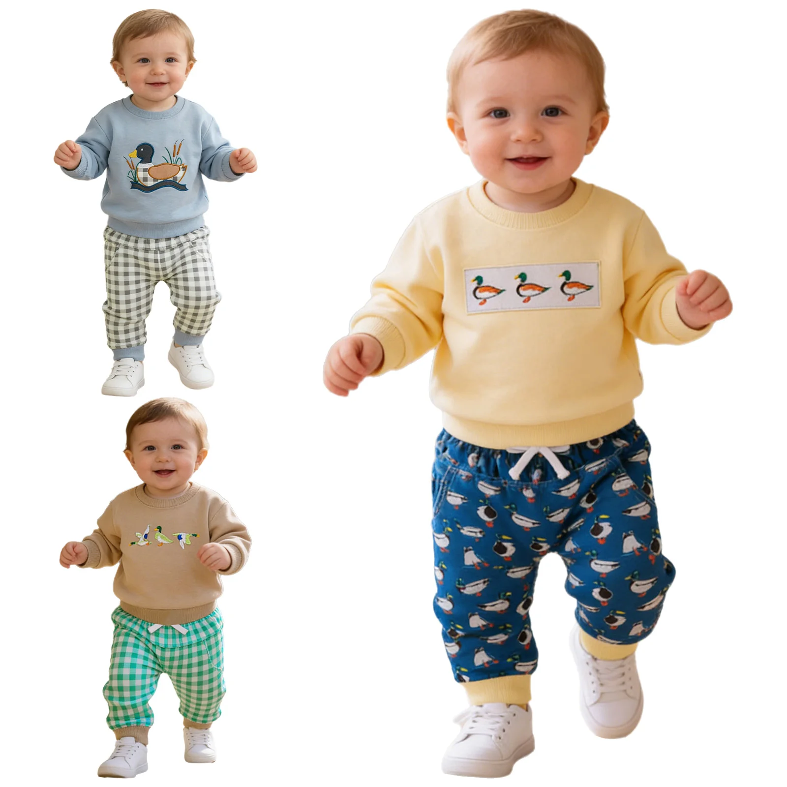 ملابس أطفال أولادي بناتي للربيع والخريف بأكمام طويلة مطرزة على شكل بطة مع بنطال رياضي للارتداء اليومي في الهواء الطلق