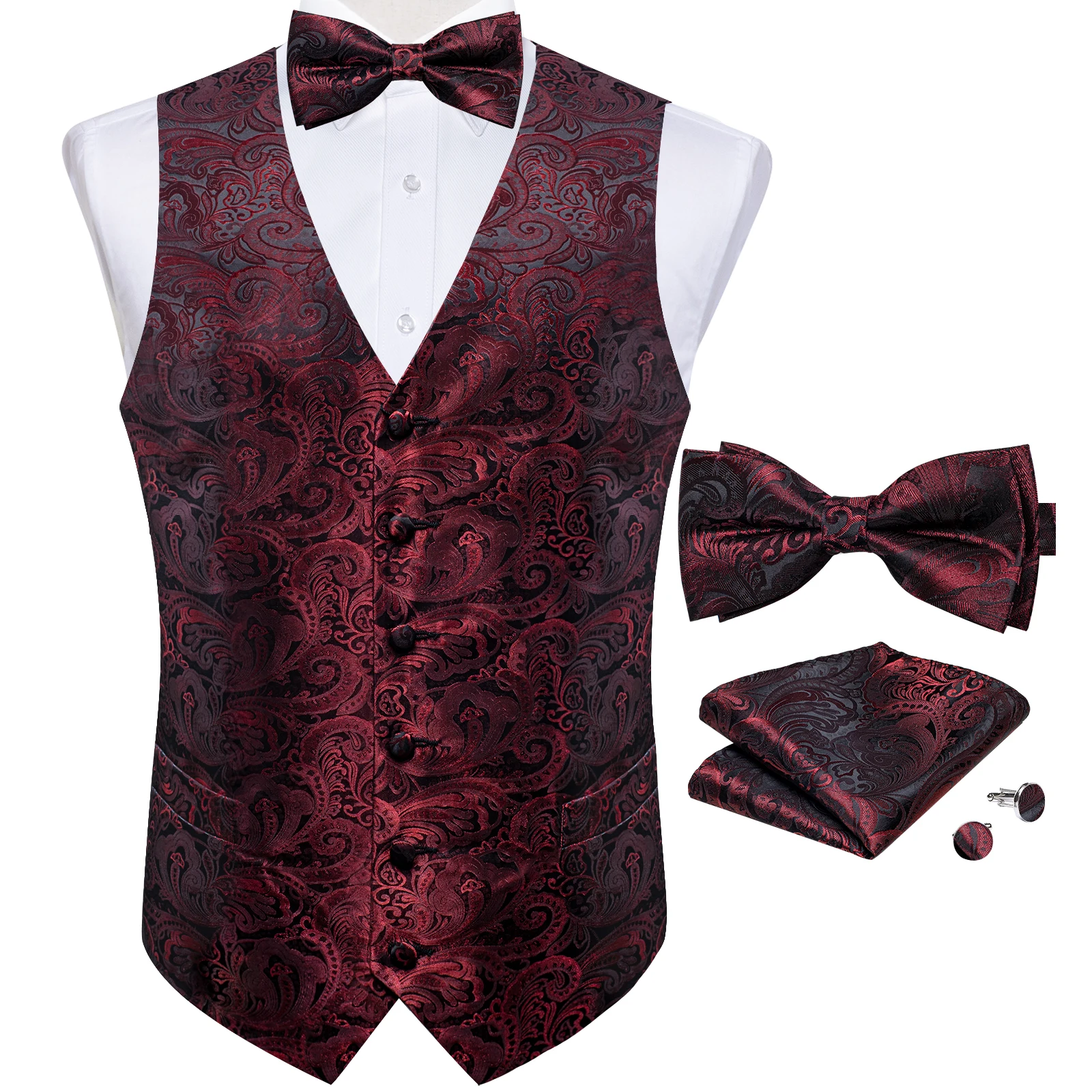 Gilet de costume en soie pour hommes, pour fête de mariage, nœud papillon, boutons de manchette, smo