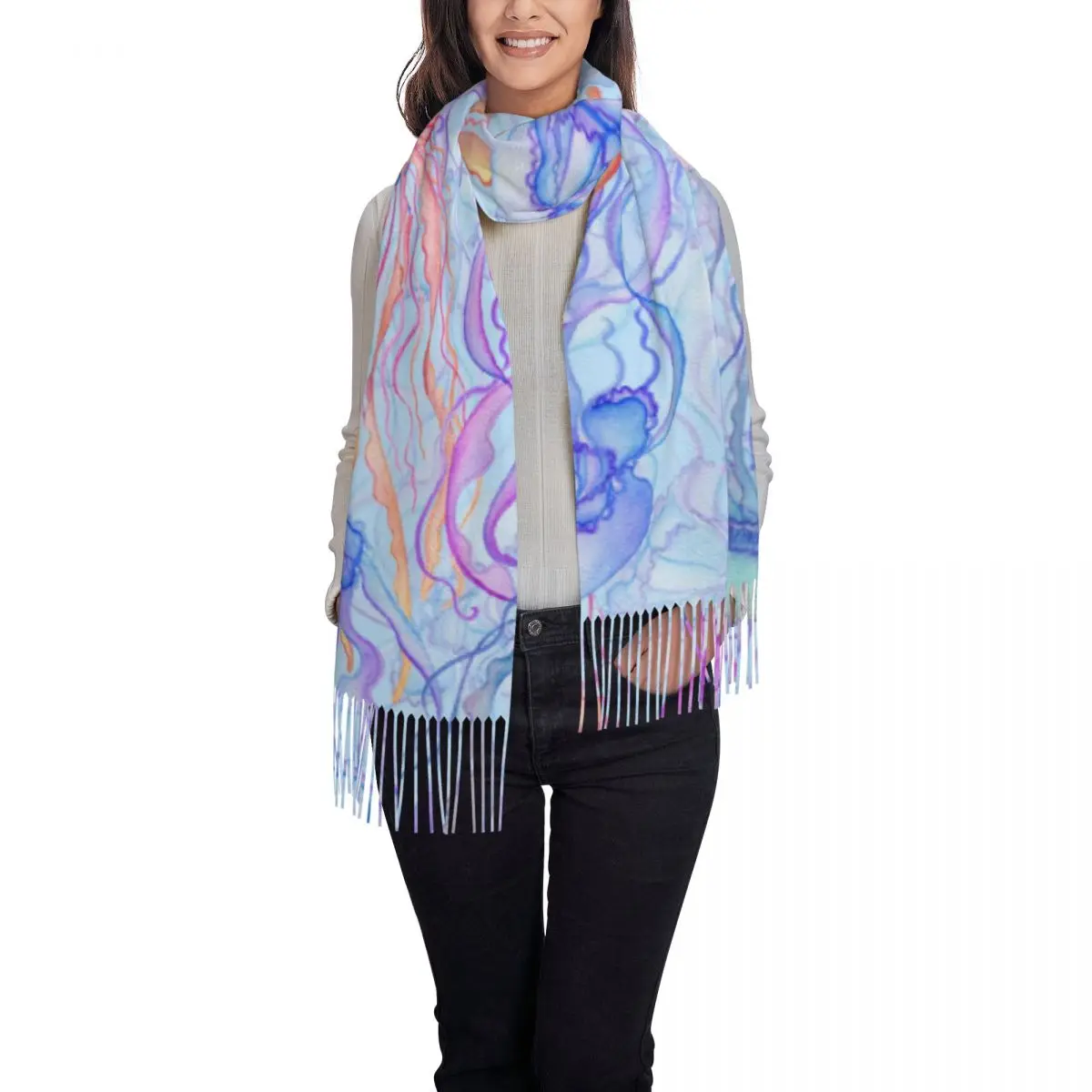 Women Scarf Watercolor Jellyfish On Blue Background Winter Shawls Thin Wrap Lady Tassel Warm Scarves Hairy Bufanda Stole