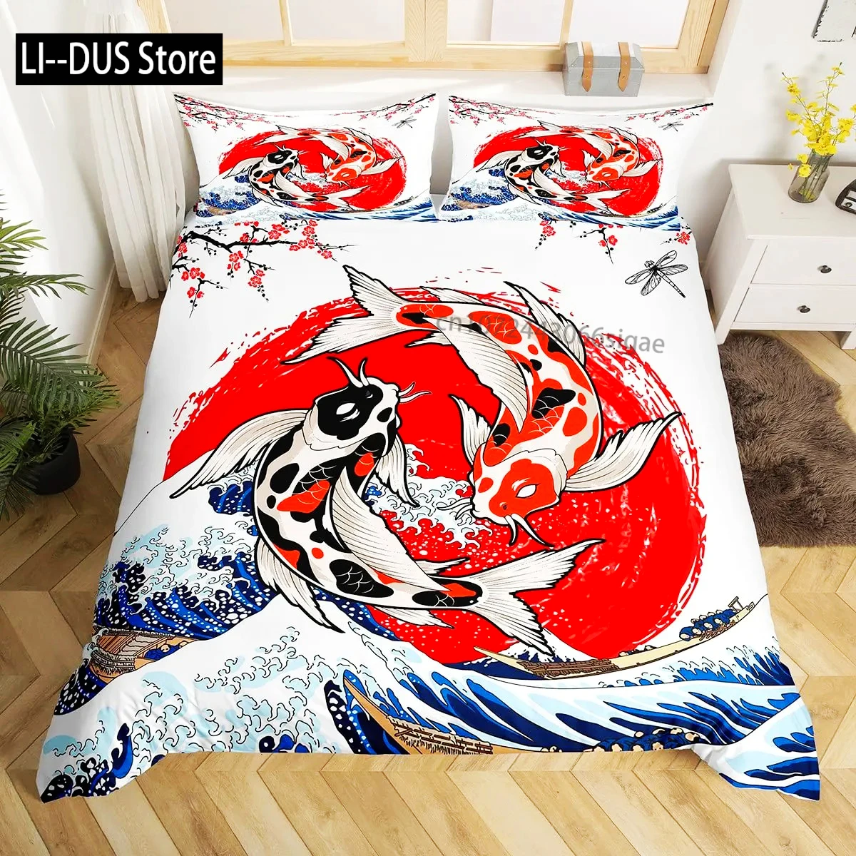 

Koi Fish Duvet Cover Set, Japanese Painting Style Decor 2/3 Piece Bedding Set With Pillow Shams, Queen Full Size, Black White