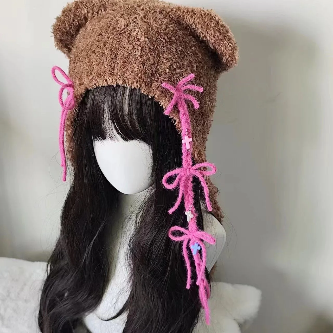 하라주쿠 일본 카와이 곰 귀 니트 모자 여성 소녀 Y2k 펑크 크로스 핑크 리본 서브컬쳐 달콤한 겨울 따뜻한 비니 모자