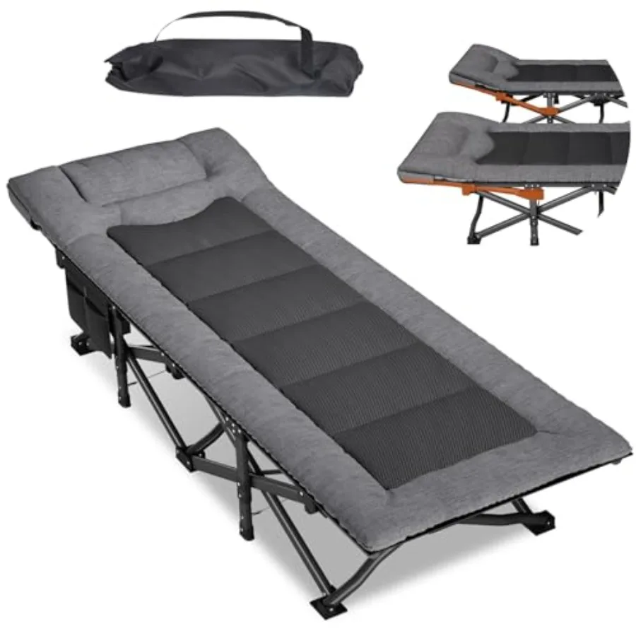 

Camping Cot for Adults: Aluminum Frame, Gray, Adjustable Headrest 450 lbs Capacity with Comfortable Cushion and Portable Carry