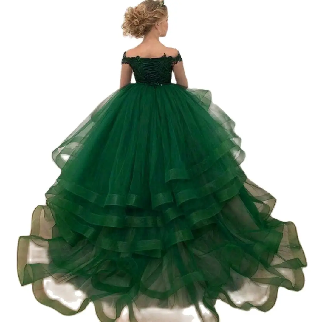 Vestidos de flores verdes para niña, cuello redondo, apliques con cuentas, mangas largas, vestidos de desfile, volantes escalonados, tren de barrido, cumpleaños