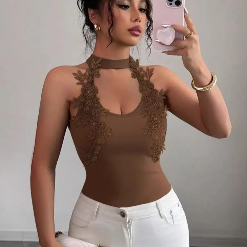 Sexy Hollow Out Halter Neck Bodycon Vest Top Summer Lace Patchwork Sleeveless Tops Women Fashion Solid Slim Streetwear Tank Tops