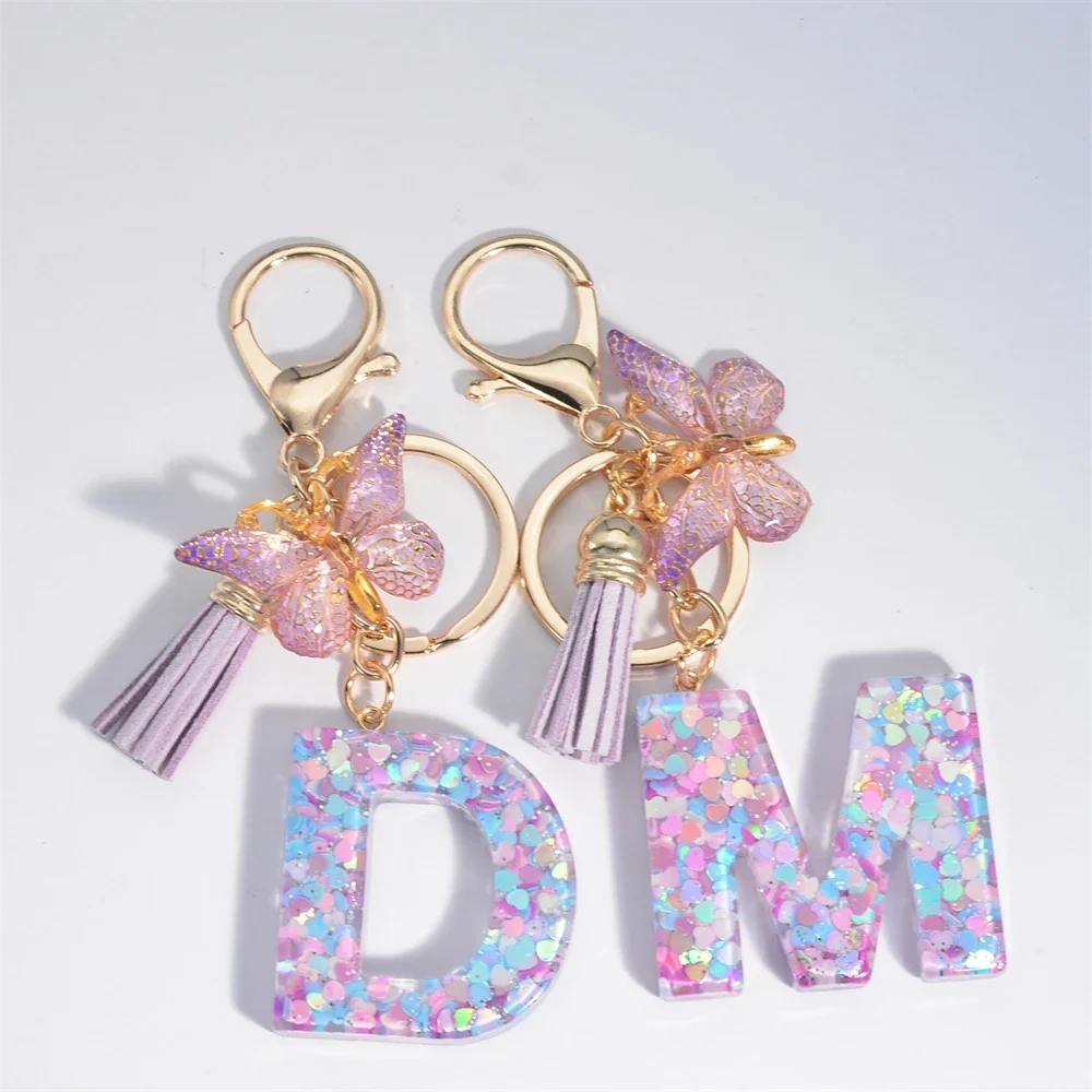 Fashion Tassel Butterfly 26Letter Keychain Colorful Love Heart Filled Resin Alphabet Keyring Women Girls Car Bag Phone Pendant