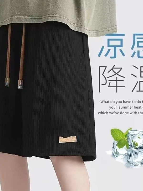 

Men's Summer Thin Ice Silk Cool Feeling Casual Beach Pants Elastic Five-Quarter orts Breathable Polyester Fiber Daily Wear