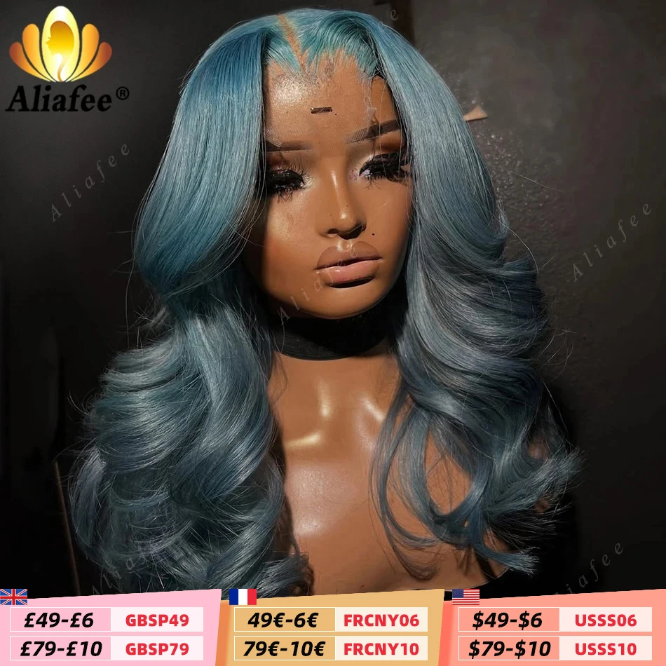 

Haze Blue 200% Плотность Парик фронта шнурка Человеческие волосы для женщин Новый цвет Предварительно выщипанные синие парики с объемной волной 13x4 Парики фронтальной части шнурка