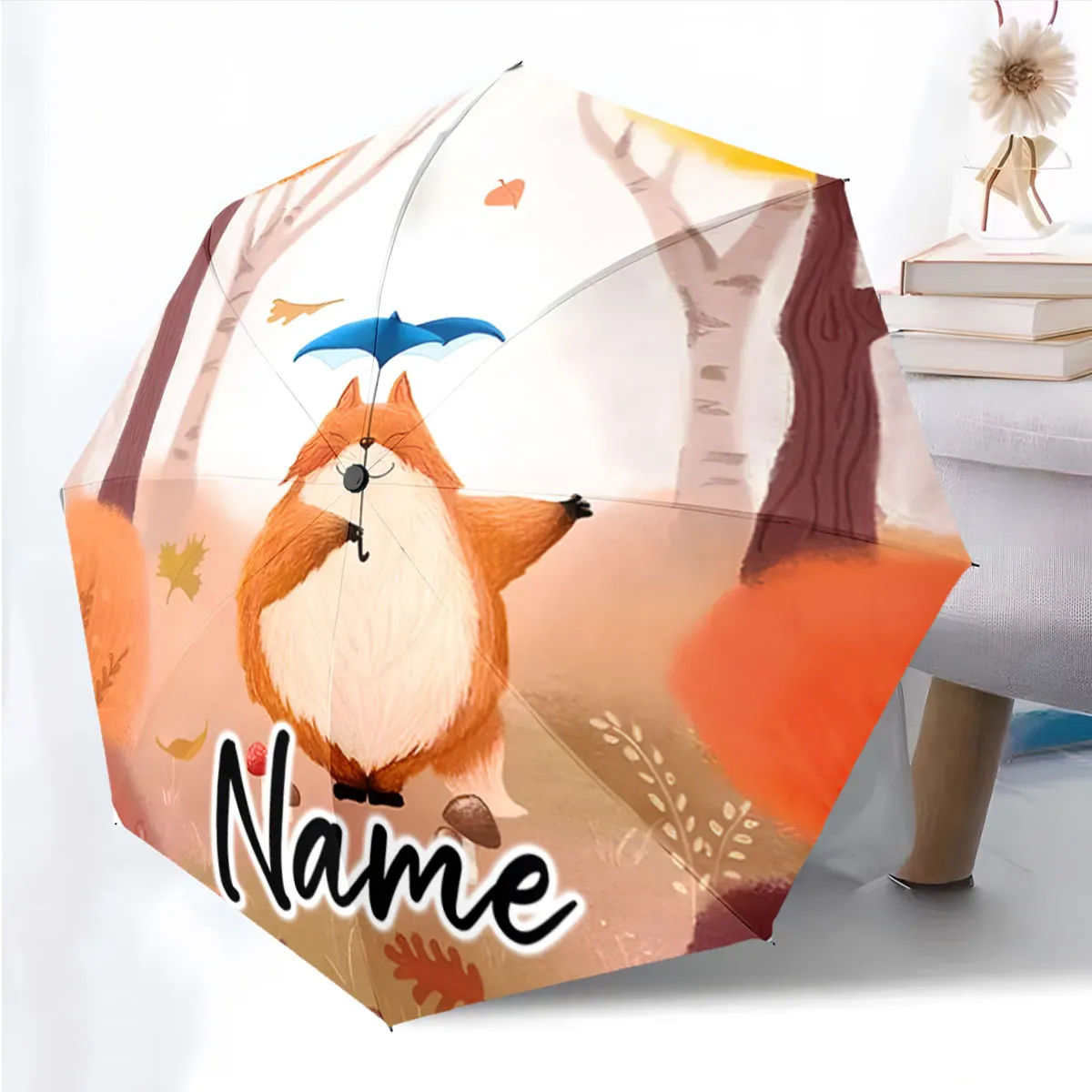 Custom Name Umbrella Forest Fox and Blue Umbrella Design Print 8 Iron Ribs Folding Umbrella Auto-Open Fashion Sunshade
