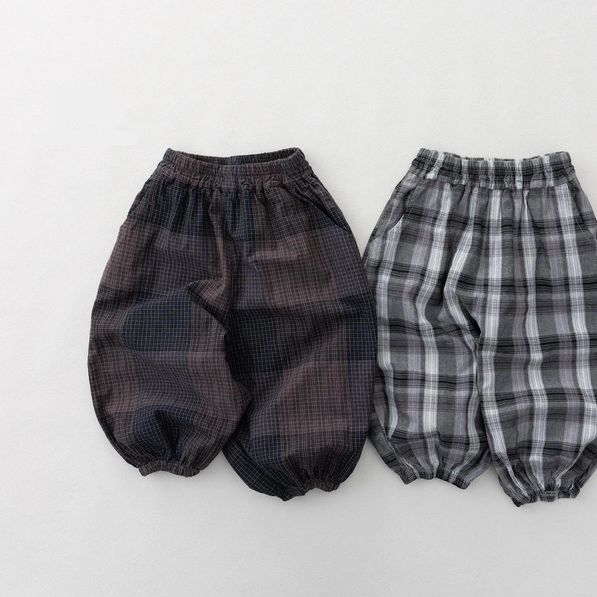 

2026 Summer New Children Loose Mosquito Proof Pants Girls Vintage Plaid Lantern Trousers Cotton Kids Boys Thin Casual Pants
