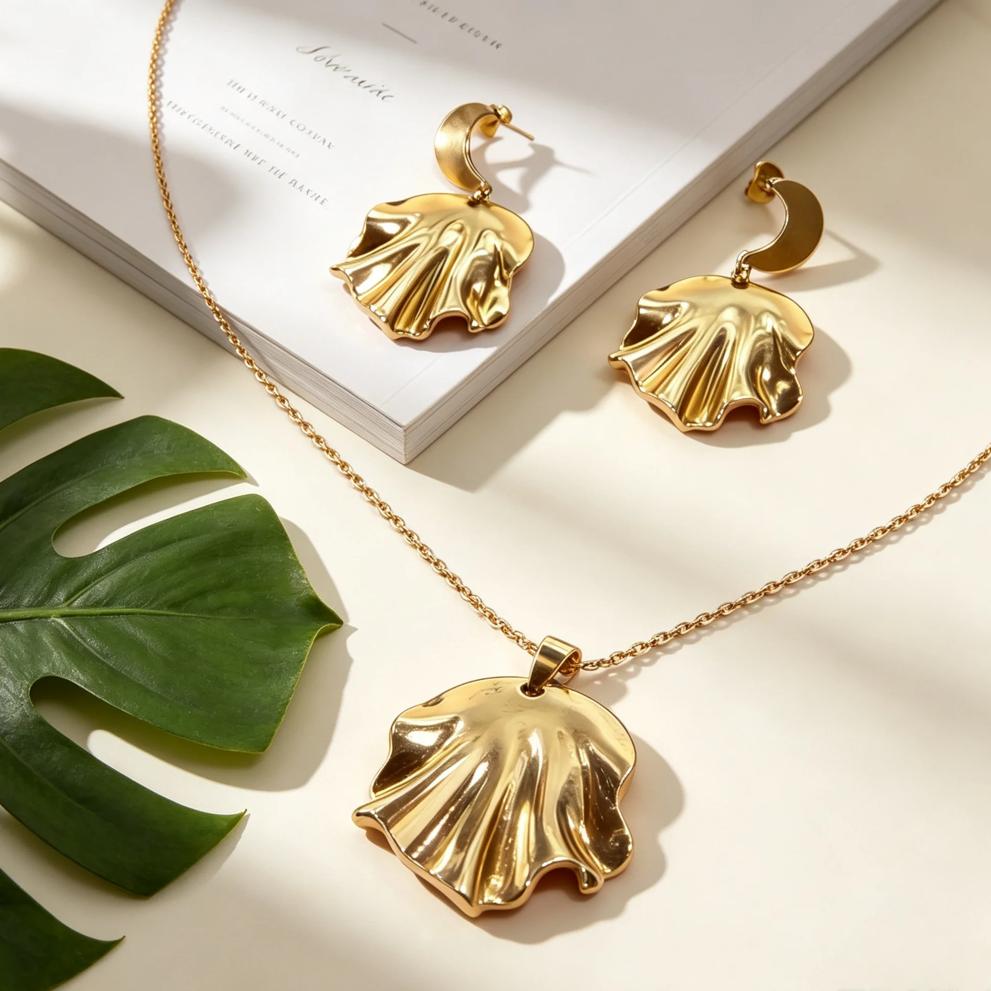 Ins Anti-Fade Stainless Steel Ruffled Shell Set, Minimal Ocean Style Pendant Necklace Drop Earrings Gift For Ladies